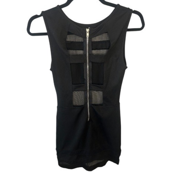 BLVD Black Bodycon Mini Dress Small Mesh Cutout Zip Back - Picture 2 of 5